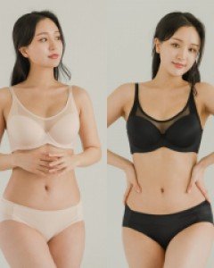 PBR7084S 판도라by비비안 C D E컵 와이어 몰드 빅사이즈 풀컵 시스루 브라 노라인 미디 삼각 헴팬티 세트