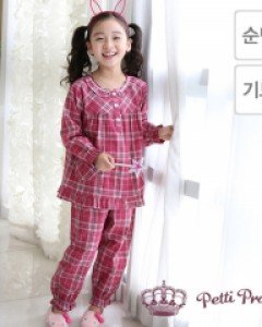 [60호] SM01503 모닝스타 쁘띠쁘랑 런지 체크 순면 개버딘 단모 기모 여아동 긴팔 잠옷 상하 세트