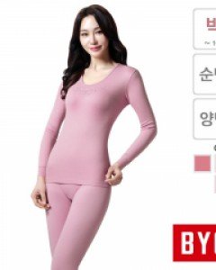 [자주색 95/100] BYQ0148/49/50 BYC 하모니 7호 9부 순면 양면 여성 자수 레이스 U넥 긴팔 내의 내복 상하 세트