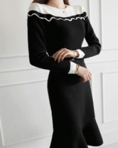 샤론 숄더 배색 원피스