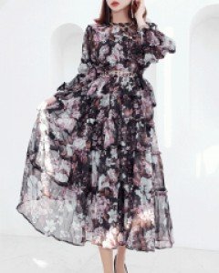 로즈 쉬폰 롱 원피스(벨트set)