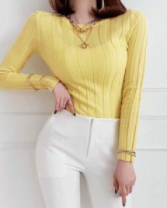포미 슬림핏 골지 니트
