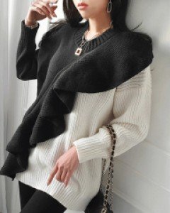 모무 배색 니트 (벨트SET)