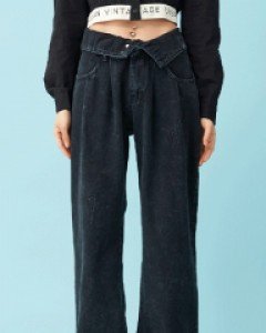 [무료배송] 포 버튼 오프 와이드 블랙 데님 팬츠 B0107