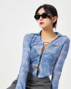 [무료배송] 블루진 시스루 프린팅 아일렛 셔츠 BA2803