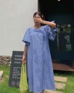 Check Puff Seesucker Long one piece