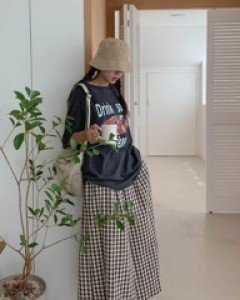 Check Flare Wrinkle Banding Pants