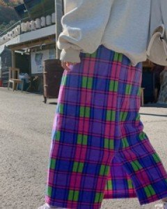 Polar fleece check long skirt