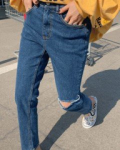 Wood frayed denim straight banding pants