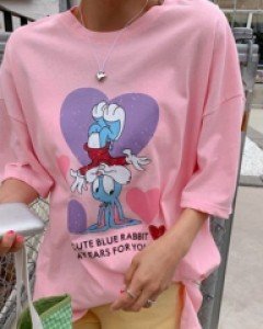 Blue Rabbit Printed Split Long Short Sleeve T-shirt