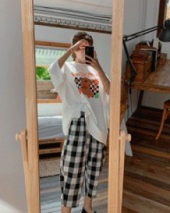Coca check banding baggy pants