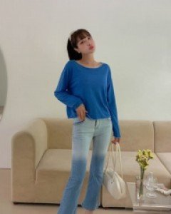 Two-tone denim banding boot cut pants