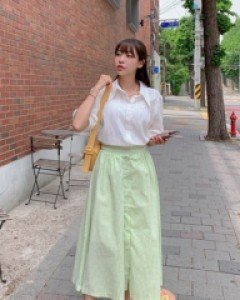 Ruby check button banding long skirt