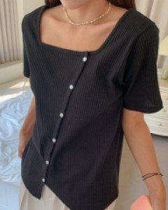 Deck button square neck rib short sleeve tee