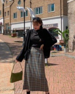 Mito check slit banding long skirt