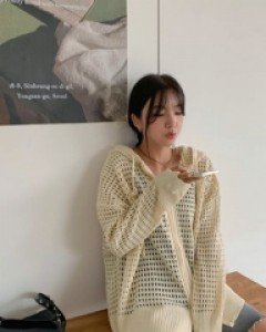 Kiero net knit hooded zip-up