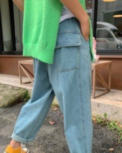 Two-ank denim banding baggy pants