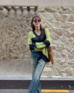 Glue washed denim banding wide pants