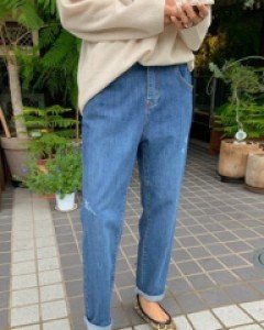Rubbed denim baggy banding pants