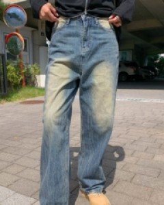 Battle washing denim wide pants