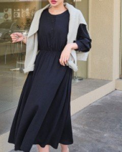 [EVELLET] Liaben Henry Button Waistband Long Dress
