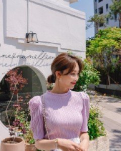 [EVELLET] Lea Pen Ribbed Puff Slim T-shirt