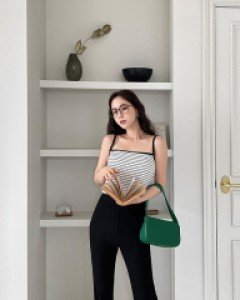 [EVELLET]Saeli Ribbed Slit Waistband Bootcut Pants