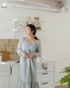 [EVELLET] Lazel T Heart Neck Shirring Pajamas Long Dress