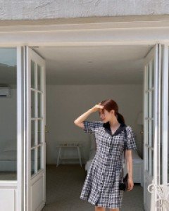[EVELLET] Toriba Plaid Check Incision Pleated Collar Dress