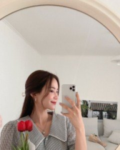Enbru Plaid Check Collar Puff Blouse