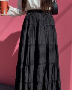 [EVELLET]Mechuelle Shatin Tiered Waistband Long Skirt