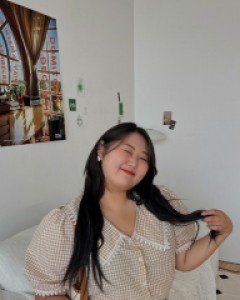 [EVELLET]Morange Plaid Check Lace Puff Blouse