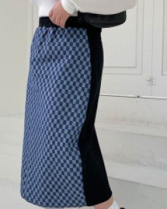 [EVELLET] Aryuen Checkerboard Waistband Long Skirt
