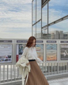 [EVELLET] Ponytan Pleats Waistband Long skirt