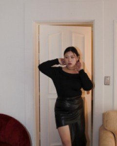 [EVELLET] Catherine Unbalance Leather Skirt