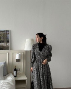 [EVELLET] Purien Flower Shirring Long Dress