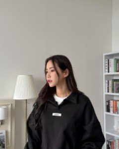 [EVELLET] Hachiko fleece open collar Labels Sweatshirt