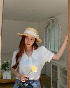 [EVELLET] Nylon Button Puff Blouse