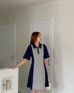 [EVELLET] Puhadin PK Collar Contrast Dress