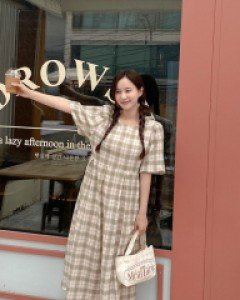 Rondin Plaid Check Flare Long Dress