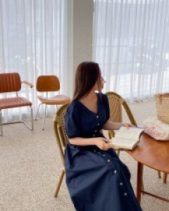 [EVELLET] Poire Shirring Button Long Dress