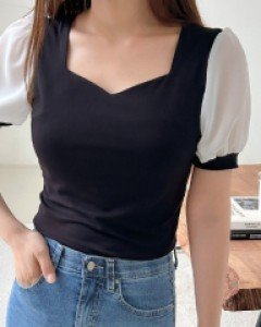 [EVELLET] Endfill Heart Neck Puff Tea Blouse