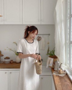 [EVELLET]Kionel Linen Contrast Long Dress