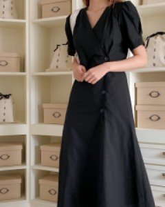 [EVELLET] Free V-neck Button Wrap Long Dress