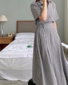 Daijichen Pintuck Plaid Check Long Skirt