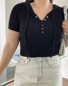 Shihibin Ribbed Button Hood T-shirt