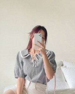 [EVELLET] Chodina Plaid Check Double Collared Blouse