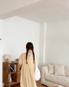 Bead Puff Flare Long Dress