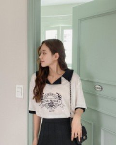 Blendy Graphic Print Collar T-shirt