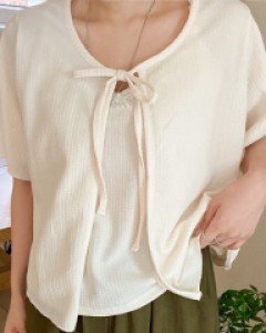 Leedin Wrinkle Sleeveless Ribbon Cardigan SET